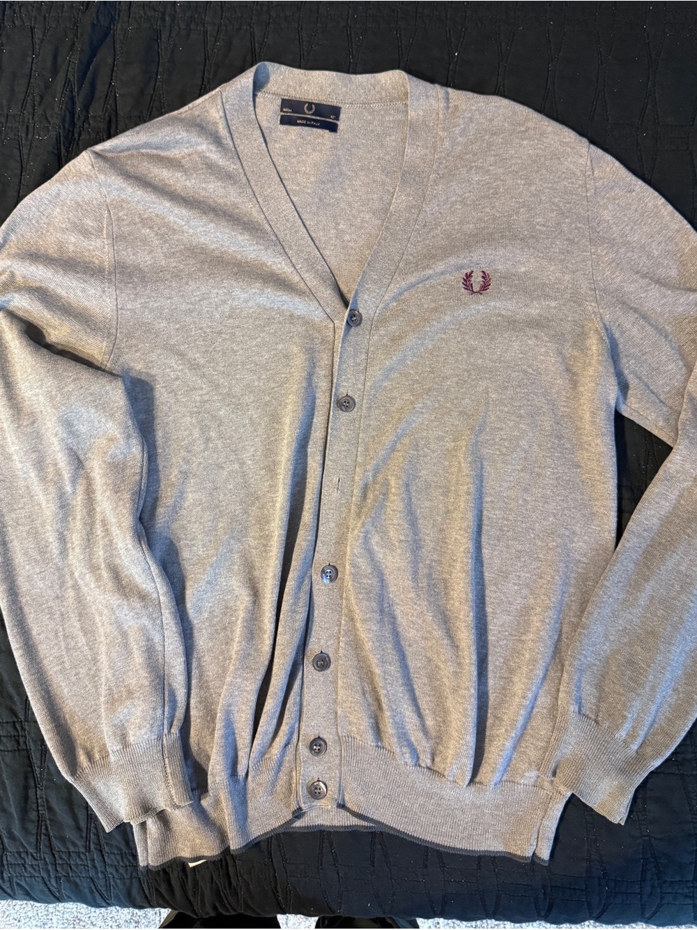 Fred Perry Light Gray V-Neck Button Cardigan with Maroon Laurel Emblem